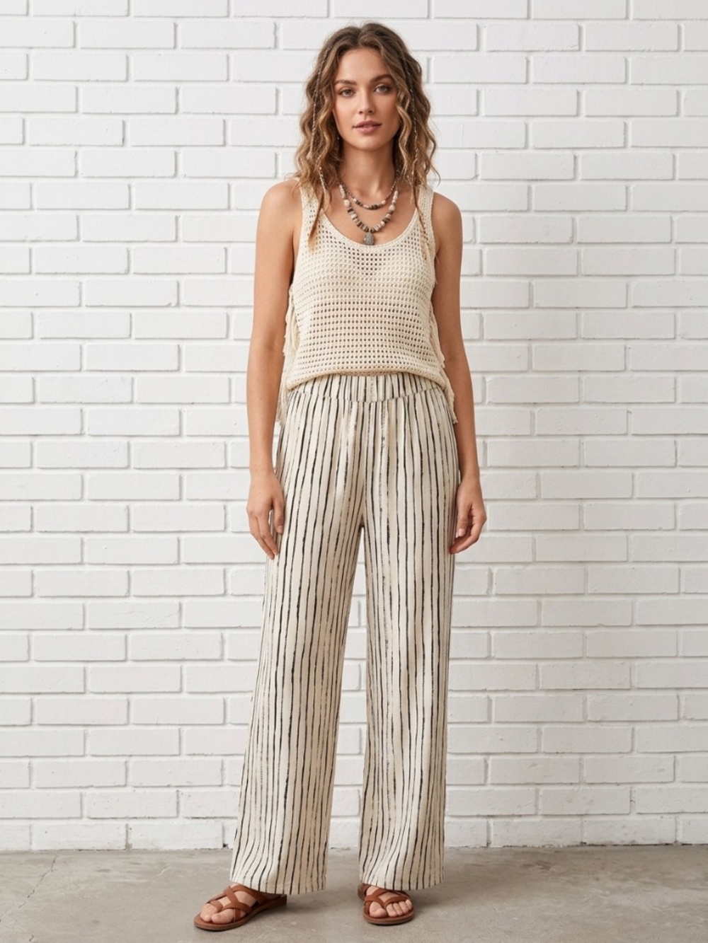 Solito Rayon/Cotton Striped Wide-Leg Lounge Pants  SZ L- Black/Cream Stripes